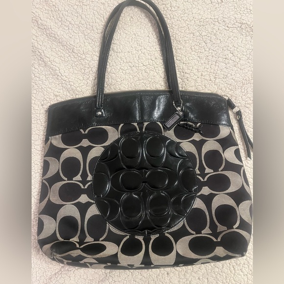 Coach Handbags - SOLD❤️ COACH Laura Signature Logo Zip Tote Bag Patent Leather w/ Charm Black